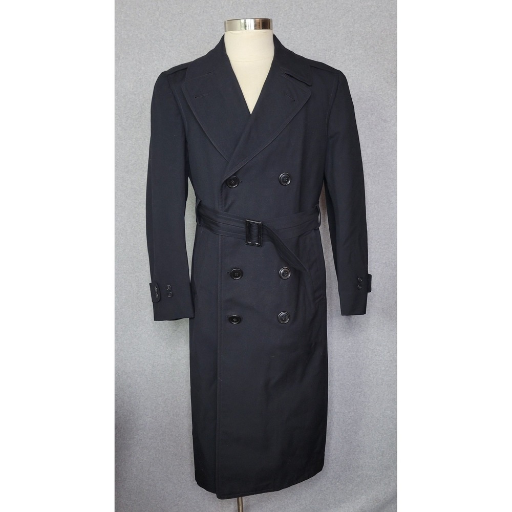 Vintage WWII US Navy Trench Over Coat Double Breasted Belted Black Dated 37R